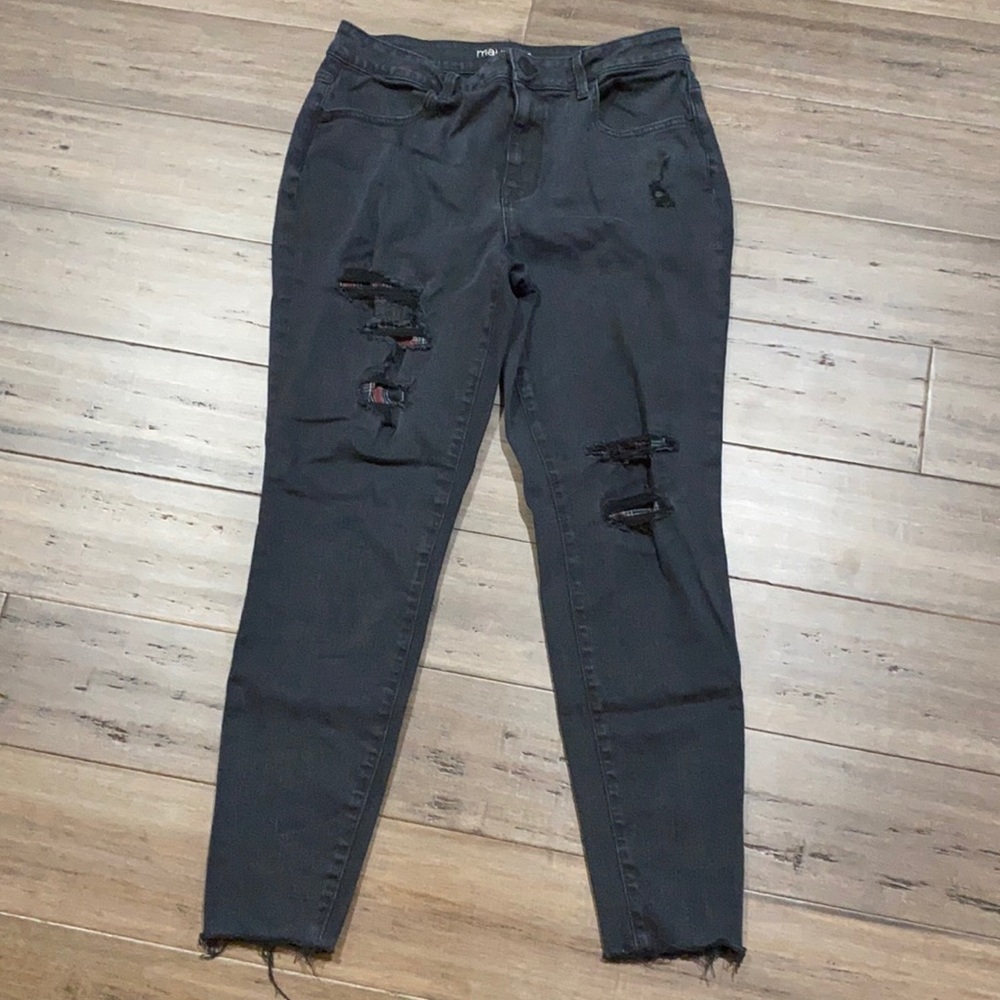 Maurices black jeans high rise ripped plaid patched‎ raw hem distressed